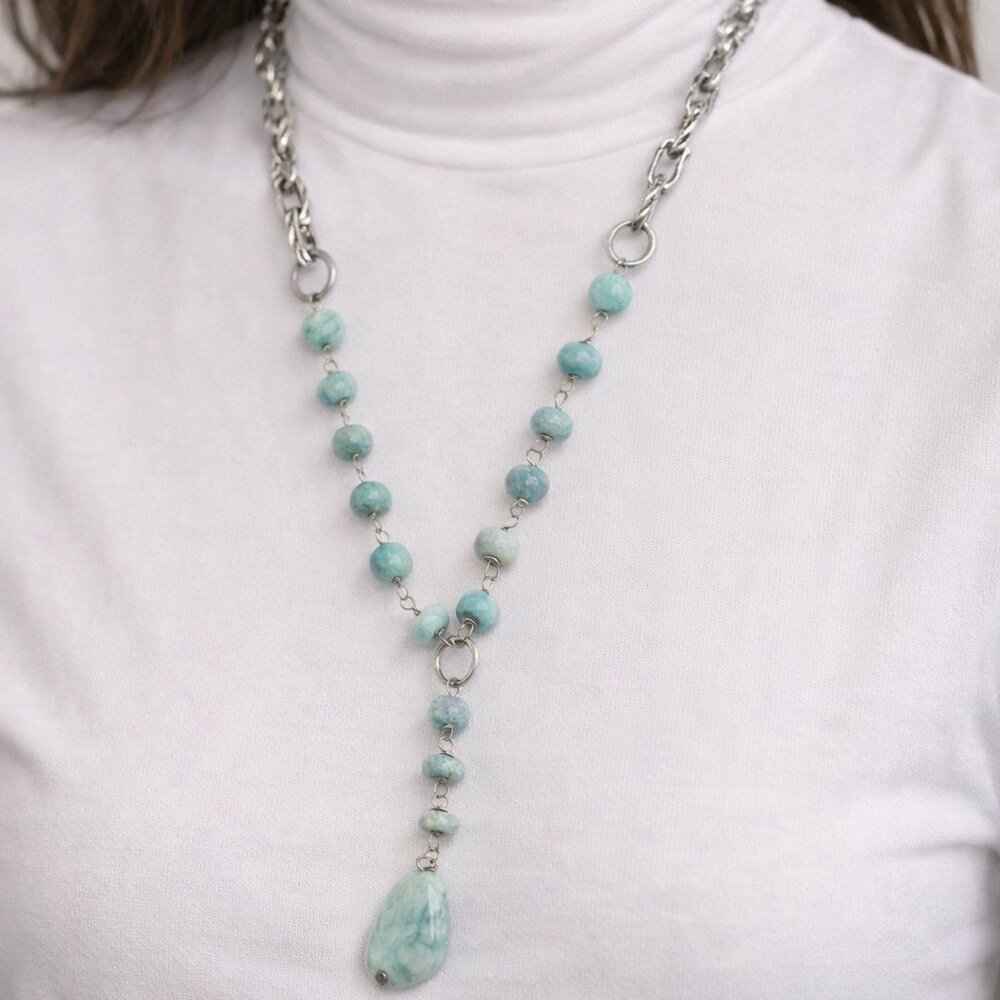 Anju Amazonite Beads Silver Chain Pendant Necklace